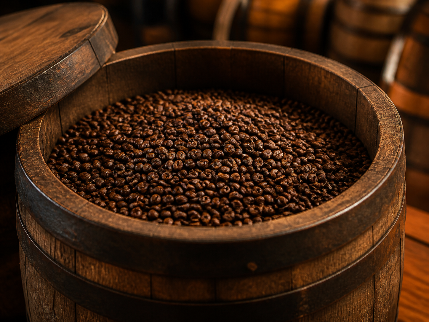 Grãos de café envelhecendo em barril de amburana